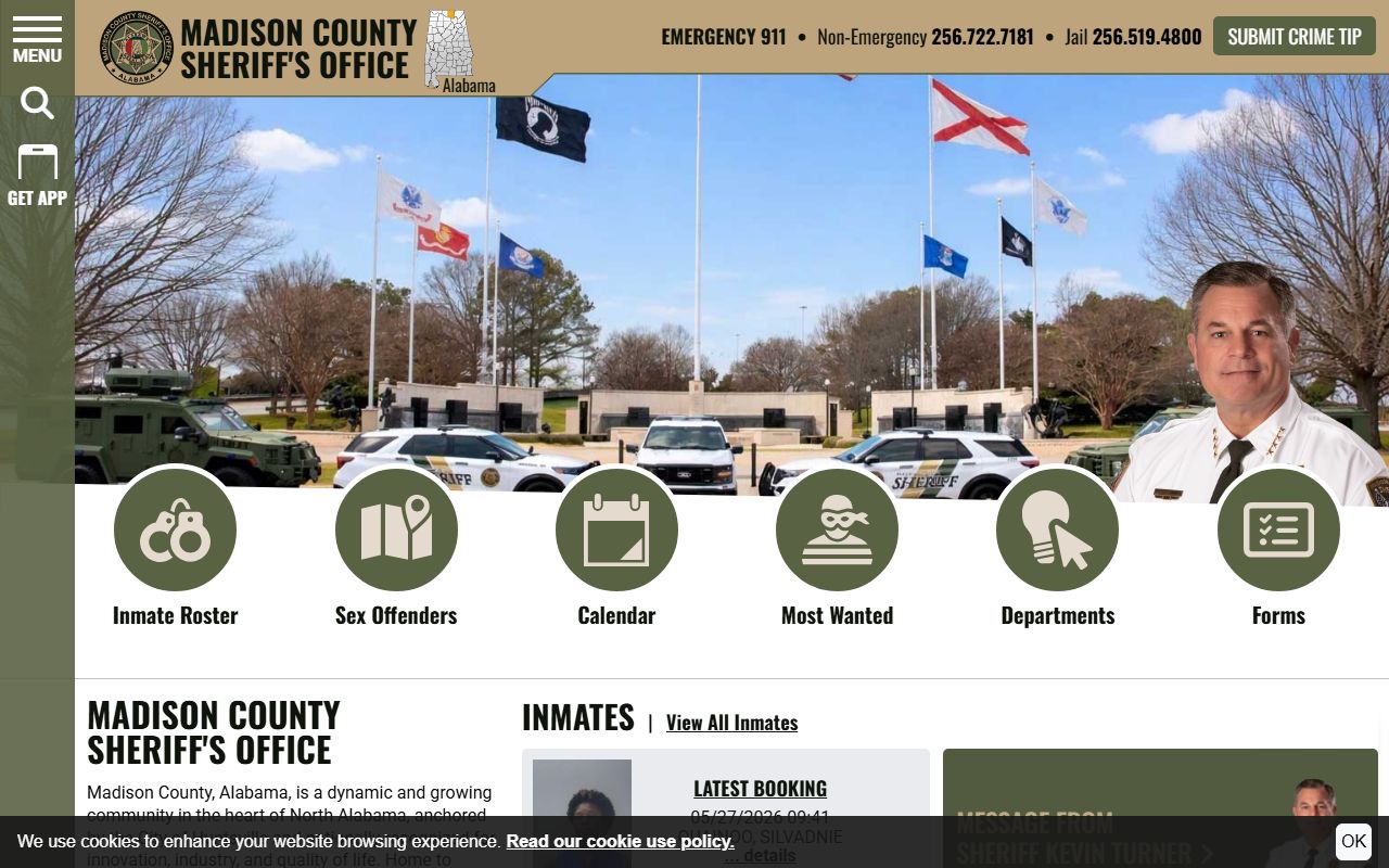 Madison County sheriff homepage with inmate population and jail roster links