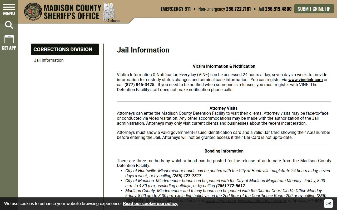 Madison County Detention Facility jail information page for inmate visitation mail phone and commissary rules