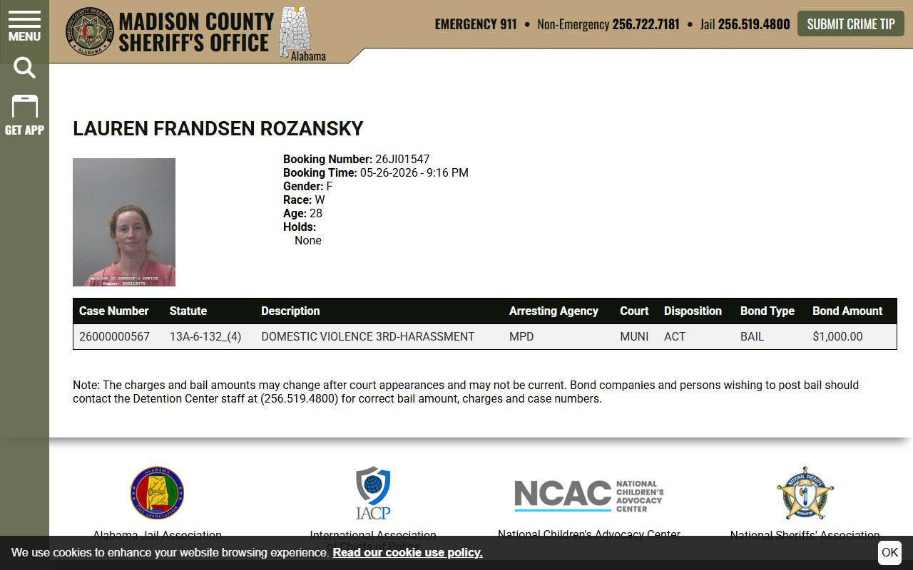 Madison County inmate profile fields with booking photo charges and bond information