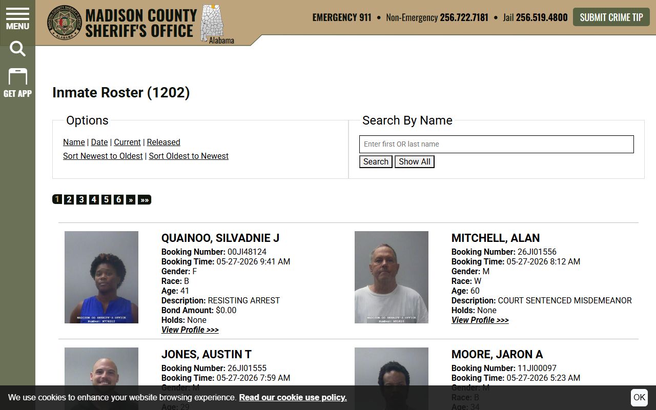 Madison County inmate records roster search interface with booking cards